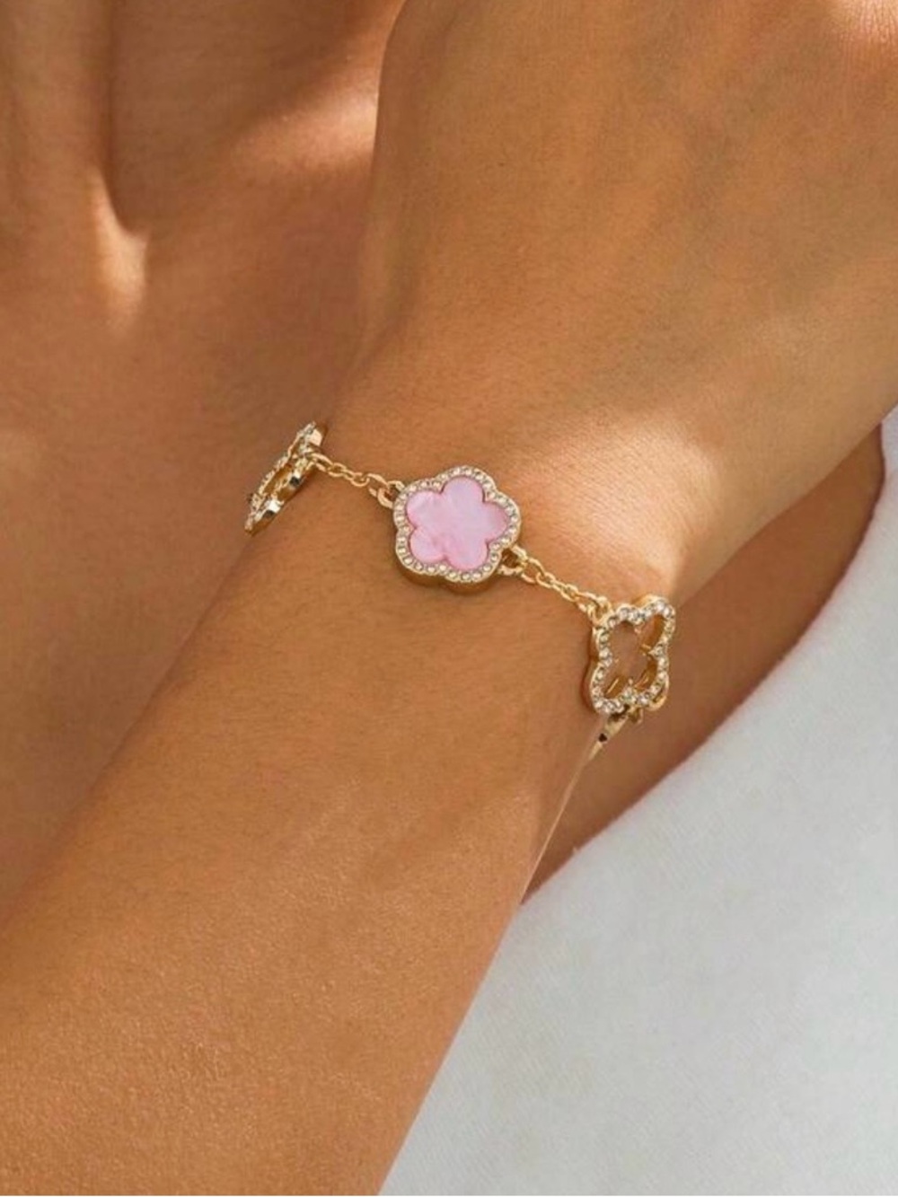 Gold Plated Pink Clover Link Bracelet - Picture 3 of 4